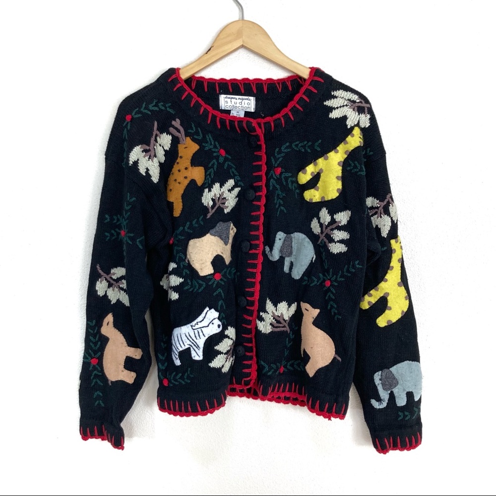 VTG Designers Originals Animal Zoo Black Knit Cardigan Sweater Women’s Sz Medium